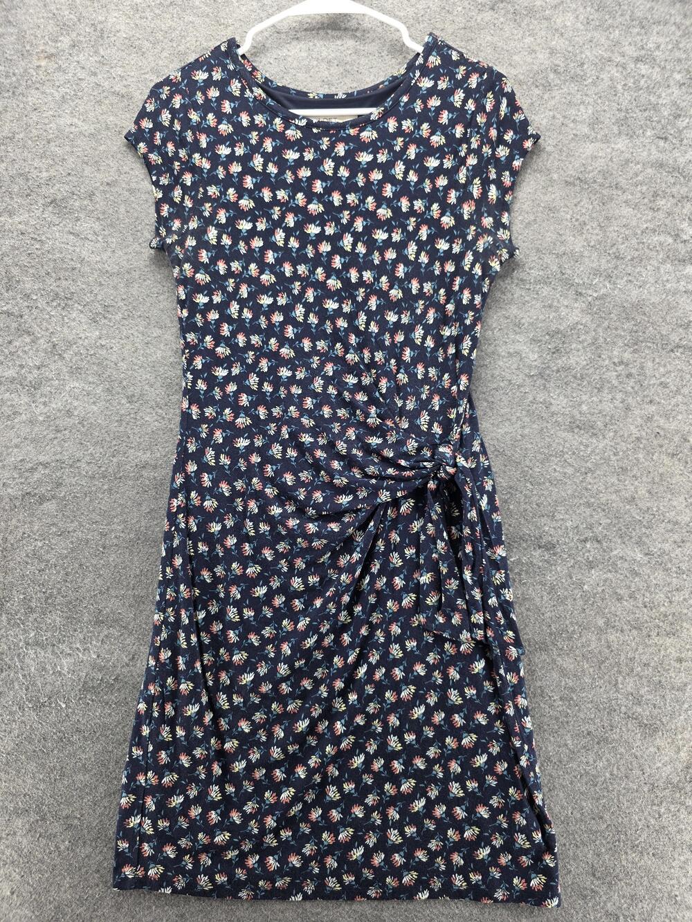 LOFT Dress Womens Small Petite Navy Blue Floral Tie Waist Cap Sleeve Lined Knit
